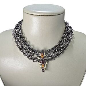 Women's Statement Necklace Gunmetal Plated Multi Color Crystal NWOT